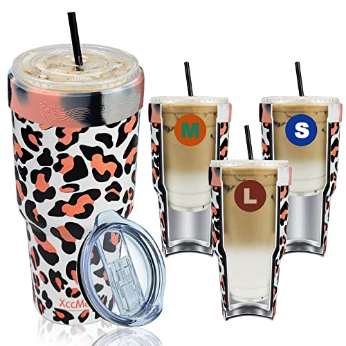 XccMe Stainless Steel Iced Coffee Sleeve,30oz Stainless Steel Insulated Tumbler with Lid,Double Wall Cup Sleeves for Cold Drinks Reusable,for Most Starbucks,Dunkin Donuts,McDonalds (Leopard)