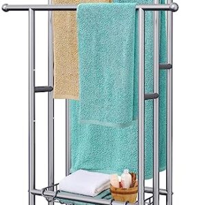 40" Tall Freestanding Towel Racks for Bathroom, 3 Tier Floor Towel Rack with Storage Basket, Blanket Ladder Drying and Display Rack for Large Bath Towel & Hand Towel Outdoor Poolside (Silver)