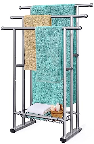 40" Tall Freestanding Towel Racks for Bathroom, 3 Tier Floor Towel Rack with Storage Basket, Blanket Ladder Drying and Display Rack for Large Bath Towel & Hand Towel Outdoor Poolside (Silver)