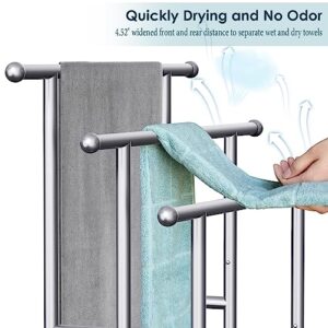 40" Tall Freestanding Towel Racks for Bathroom, 3 Tier Floor Towel Rack with Storage Basket, Blanket Ladder Drying and Display Rack for Large Bath Towel & Hand Towel Outdoor Poolside (Silver)