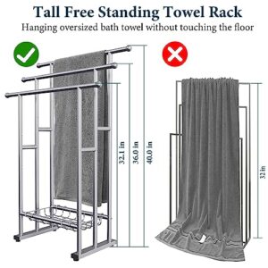 40" Tall Freestanding Towel Racks for Bathroom, 3 Tier Floor Towel Rack with Storage Basket, Blanket Ladder Drying and Display Rack for Large Bath Towel & Hand Towel Outdoor Poolside (Silver)