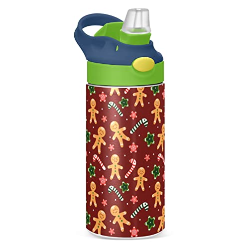 MCHIVER Christmas Gingerbread Men Kids Water Bottle with Straw Insulated Stainless Steel Kids Water Bottle Thermos for School Girls Boys Leak Proof Cups 12 oz / 350 ml Green Top