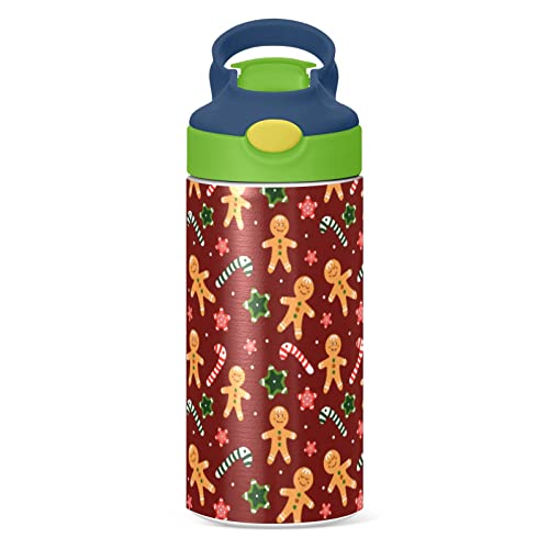 MCHIVER Christmas Gingerbread Men Kids Water Bottle with Straw Insulated Stainless Steel Kids Water Bottle Thermos for School Girls Boys Leak Proof Cups 12 oz / 350 ml Green Top