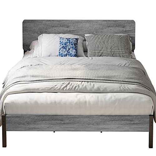 LIKIMIO King Size Bed Frame, Metal Bed Frame Full with Headboard and Strong Steel Slat Support, Easy Assembly, No Box Spring Needed, Industrial Gray