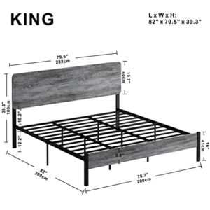 LIKIMIO King Size Bed Frame, Metal Bed Frame Full with Headboard and Strong Steel Slat Support, Easy Assembly, No Box Spring Needed, Industrial Gray