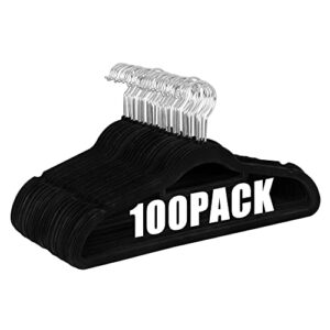 super deal 100 pack black velvet hangers for coat suit pants dress non-slip notched clothes hangers premium 360 degree swivel heavy duty hook for closet
