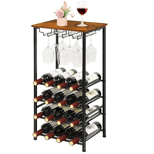 YBING Wine Rack Freestanding Floor Wine Rack Table with Glass Holder 16 Bottle Wine Bar Rack with Tabletop Wood 5-Tier Wine Bottle Organizer Storage Stand Liquor Cabinet Bar for Home Rustic Brown