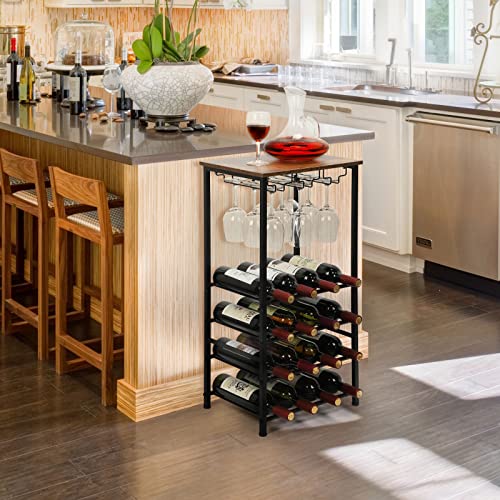 YBING Wine Rack Freestanding Floor Wine Rack Table with Glass Holder 16 Bottle Wine Bar Rack with Tabletop Wood 5-Tier Wine Bottle Organizer Storage Stand Liquor Cabinet Bar for Home Rustic Brown