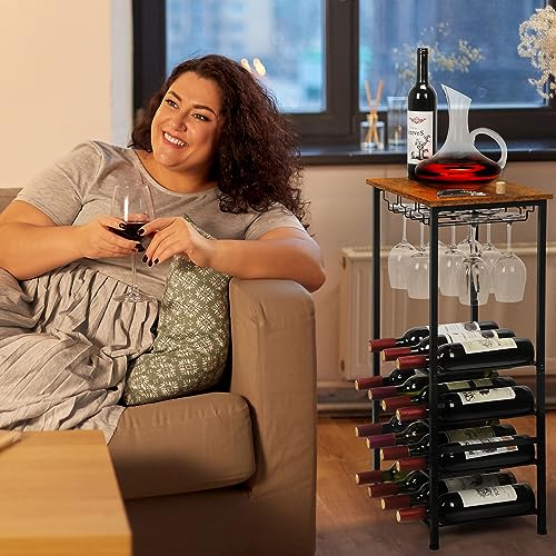 YBING Wine Rack Freestanding Floor Wine Rack Table with Glass Holder 16 Bottle Wine Bar Rack with Tabletop Wood 5-Tier Wine Bottle Organizer Storage Stand Liquor Cabinet Bar for Home Rustic Brown