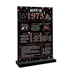 holkcog 50th birthday decorations women men, rose gold back in 1973 poster acrylic sign with stand centerpieces, 50th anniversary decor gift for women 50th old birthday party supplies table decor