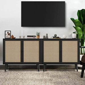 wirrytor 2 sets of storage cabinet with handmade rattan decorated doors, rattan sideboard buffet cabinet with storage for living room, dining room, entryway, kitchen, black