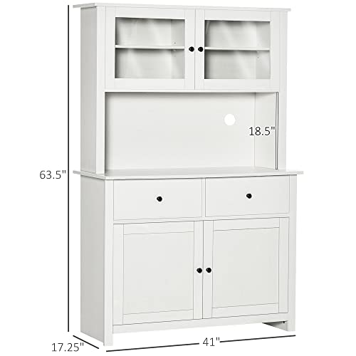 HOMCOM 63.5" Kitchen Buffet with Hutch, Pantry Storage Cabinet with 4 Shelves, Drawers, Framed Glass Doors, Open Microwave Countertop, Antique White