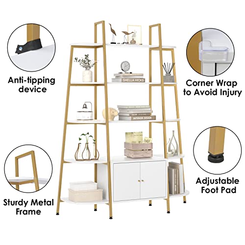 finetones Triple Wide 5-Tier Bookcase with Cabinet, White Bookshelf with Gold Metal Frame, Industrial Style Free Standing Bookshelf, Adjustable Feet, Large Open Display Shelves for Home & Office