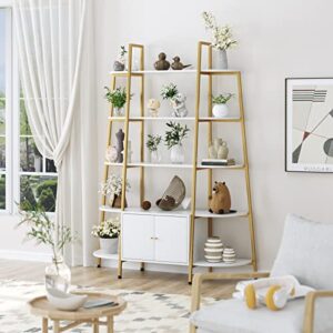 finetones triple wide 5-tier bookcase with cabinet, white bookshelf with gold metal frame, industrial style free standing bookshelf, adjustable feet, large open display shelves for home & office