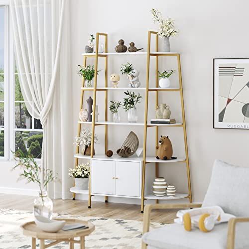 finetones Triple Wide 5-Tier Bookcase with Cabinet, White Bookshelf with Gold Metal Frame, Industrial Style Free Standing Bookshelf, Adjustable Feet, Large Open Display Shelves for Home & Office