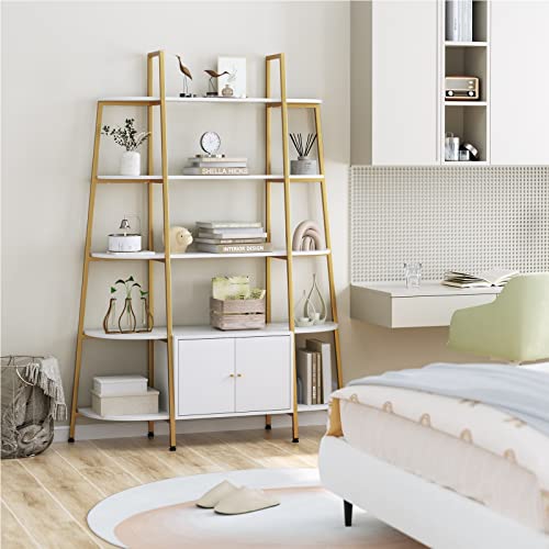 finetones Triple Wide 5-Tier Bookcase with Cabinet, White Bookshelf with Gold Metal Frame, Industrial Style Free Standing Bookshelf, Adjustable Feet, Large Open Display Shelves for Home & Office