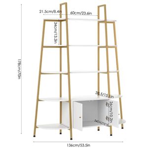 finetones Triple Wide 5-Tier Bookcase with Cabinet, White Bookshelf with Gold Metal Frame, Industrial Style Free Standing Bookshelf, Adjustable Feet, Large Open Display Shelves for Home & Office