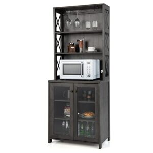 loko kitchen pantry storage cabinet, farmhouse buffet hutch with stemware rack, microwave countertop & tempered glass doors, 67.5" freestanding kitchen hutch with adjustable shelf