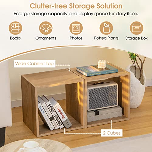 Giantex 2 Cube Bookshelf Organizer, 2-Tier 15'' Tall Open Shelving with Anti-toppling Device, Cube Storage Organizer, Record Player Stand, Wood Bookshelf for Living Room, Bedroom, Kids Room