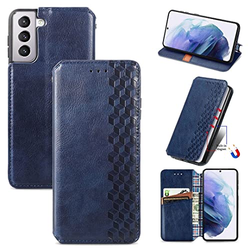 SATURCASE Case for Samsung Galaxy S22 Plus, Cubes PU Leather Flip Built-in Magnet Adsorption Wallet Stand Card Slots Protective Cover for Samsung Galaxy S22 Plus (LT-Blue)