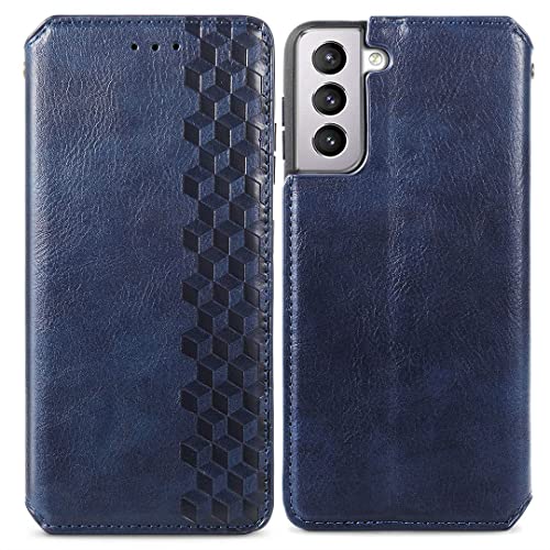 SATURCASE Case for Samsung Galaxy S22 Plus, Cubes PU Leather Flip Built-in Magnet Adsorption Wallet Stand Card Slots Protective Cover for Samsung Galaxy S22 Plus (LT-Blue)