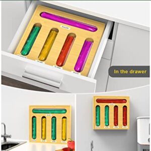 VenDotbi Bamboo Ziplock Bag Organizer for Drawer, Storage Bag Organizer, Plastic Bag Organizer 5 Slot Baggie Organizer for Kitchen Compatible with Gallon, Quart, Sandwich & Snack Variety Bags-Natural