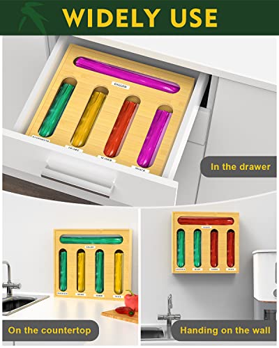 VenDotbi Bamboo Ziplock Bag Organizer for Drawer, Storage Bag Organizer, Plastic Bag Organizer 5 Slot Baggie Organizer for Kitchen Compatible with Gallon, Quart, Sandwich & Snack Variety Bags-Natural