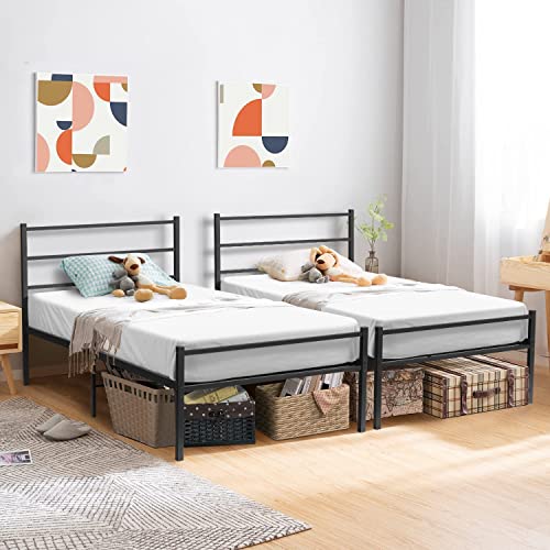 4 EVER WINNER Twin Bed Frames with Headboard, Twin Platform Bed Frame with Steel Slat Support, 14 Inch Under Bed Storage, No Box Spring Needed, Noise Free, Anti-Slip, Easy Assembly, Black