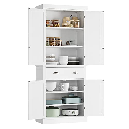 FOTOSOK 72" Utility Pantry Storage Cabinets for Kitchen, Dining Room, Living Room, White , Freestanding Cupboard with 4 Doors, Drawer, 4 Shelves