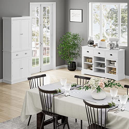 FOTOSOK 72" Utility Pantry Storage Cabinets for Kitchen, Dining Room, Living Room, White , Freestanding Cupboard with 4 Doors, Drawer, 4 Shelves