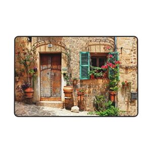 Soft Area Rug Non Slip Washable for Indoor,Streets of Old Mediterranean Towns Provence Landscape Flower Door Windows,Large Floor Carpets Doormat Covering Living Room Bedroom 4 x 5.3Ft