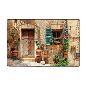 Soft Area Rug Non Slip Washable for Indoor,Streets of Old Mediterranean Towns Provence Landscape Flower Door Windows,Large Floor Carpets Doormat Covering Living Room Bedroom 4 x 5.3Ft