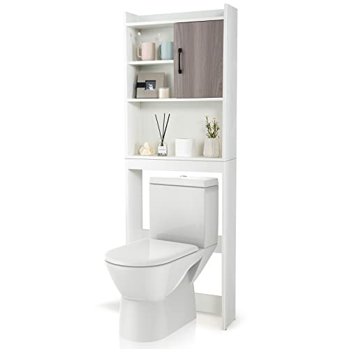 LOKO Over The Toilet Storage Cabinet, Wooden Bathroom Space Saver with Door & Open Storage Shelves, Anti-toppling Device, Freestanding Over Toilet Bathroom Organizer for Bathroom, Laundry