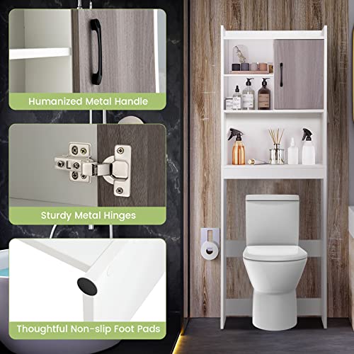 LOKO Over The Toilet Storage Cabinet, Wooden Bathroom Space Saver with Door & Open Storage Shelves, Anti-toppling Device, Freestanding Over Toilet Bathroom Organizer for Bathroom, Laundry