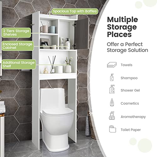 LOKO Over The Toilet Storage Cabinet, Wooden Bathroom Space Saver with Door & Open Storage Shelves, Anti-toppling Device, Freestanding Over Toilet Bathroom Organizer for Bathroom, Laundry