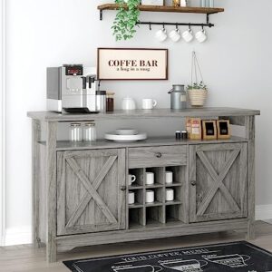 farmhouse coffee bar cabinet, 47" kitchen buffet storage cabinet with 9 wine racks, sideboard buffet cabinet with 2 barn doors and drawer, wine bar cabinet for dining room, living room, rustic gray
