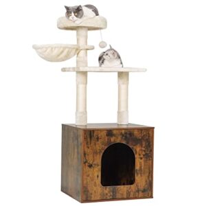 Herture Cat Litter Box Enclosure Hidden Litter Box Furniture with Cat Tree Tower Indoor Cat Washroom Furniture, with Cat Hammock and Scratching Posts, Rustic Brown PG02MWN