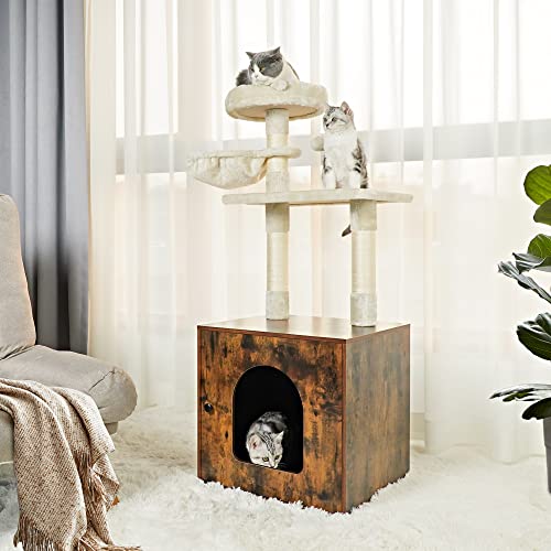 Herture Cat Litter Box Enclosure Hidden Litter Box Furniture with Cat Tree Tower Indoor Cat Washroom Furniture, with Cat Hammock and Scratching Posts, Rustic Brown PG02MWN