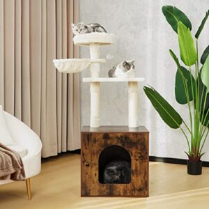 Herture Cat Litter Box Enclosure Hidden Litter Box Furniture with Cat Tree Tower Indoor Cat Washroom Furniture, with Cat Hammock and Scratching Posts, Rustic Brown PG02MWN