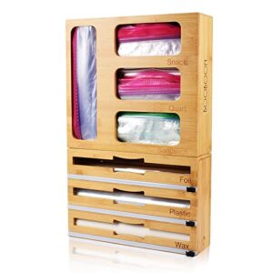 7-in-1 ziplock bag organizer with wrap dispenser cutter - storage for gallon, quart, sandwich, snack bags, wax paper, foil, and plastic wrap - kitchen drawer or wall mounted storage solution