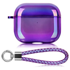 worryfree gadgets case compatible with apple airpods 3 case gen 3 hard stylish protective tpu cover skin for airpods 3 cover wireless charging front led visible with carabiner anti-lost strap, purple