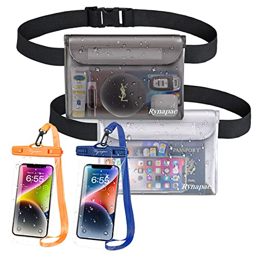 Waterproof Pouch and Cell Phone Case Set - Ideal for Beach Water Sports, Boating, Snorkeling, Kayaking, Rafting, Sailing - Includes 2 Clear Phone Dry Bags and 2 Fanny Packs, Perfect Cruise Essentials