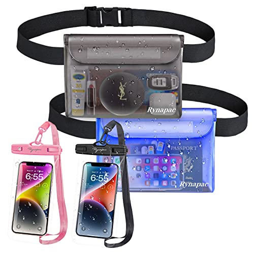 Waterproof Pouch and Cell Phone Case Set - Ideal for Beach Water Sports, Boating, Snorkeling, Kayaking, Rafting, Sailing - Includes 2 Clear Phone Dry Bags and 2 Fanny Packs, Perfect Cruise Essentials