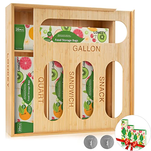 Ziplock Bag Organizer, Bag Storage Organizer for Kitchen Drawer, Plastic Bag Organizer for Gallon, Quart, Sandwich, Snack, Slider, Bamboo Baggie Organizer Compatible with Ziploc, Glad, Hefty, Solimo