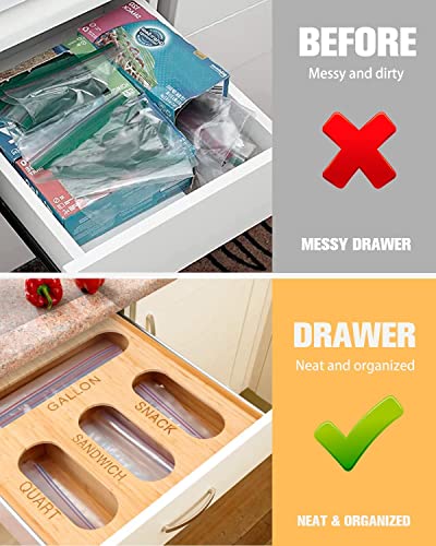 Ziplock Bag Organizer, Bag Storage Organizer for Kitchen Drawer, Plastic Bag Organizer for Gallon, Quart, Sandwich, Snack, Slider, Bamboo Baggie Organizer Compatible with Ziploc, Glad, Hefty, Solimo