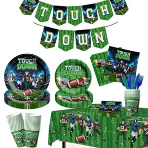 football party supplies kit including disposable dinner plate,napkin,tablecloth for game day, touch down party, football birthday party decorations（20 guests）