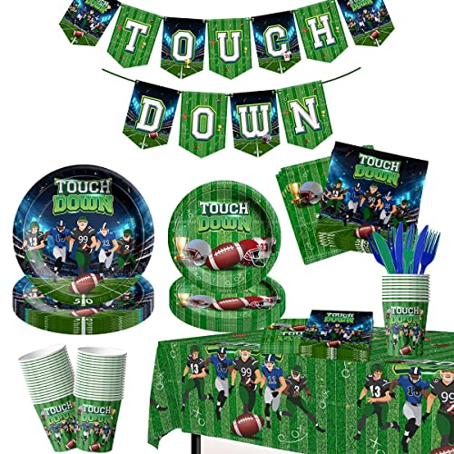 Football Party Supplies Kit Including Disposable Dinner Plate,Napkin,Tablecloth for Game Day, Touch Down Party, Football Birthday Party Decorations（20 Guests）