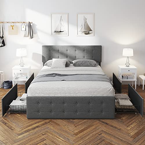 coucheta Queen Bed Frame with 4 Storage Drawers,Grey Queen Size Platform Upholstered Bed Frame with Headboard and Wooden Slats Support,No Box Spring Needed (Queen)