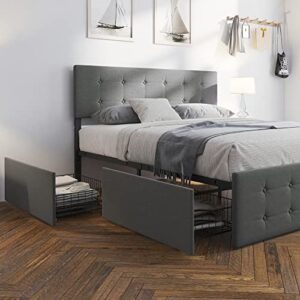 coucheta Queen Bed Frame with 4 Storage Drawers,Grey Queen Size Platform Upholstered Bed Frame with Headboard and Wooden Slats Support,No Box Spring Needed (Queen)