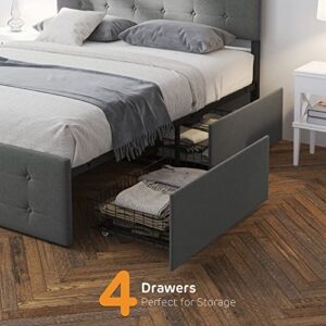 coucheta Queen Bed Frame with 4 Storage Drawers,Grey Queen Size Platform Upholstered Bed Frame with Headboard and Wooden Slats Support,No Box Spring Needed (Queen)